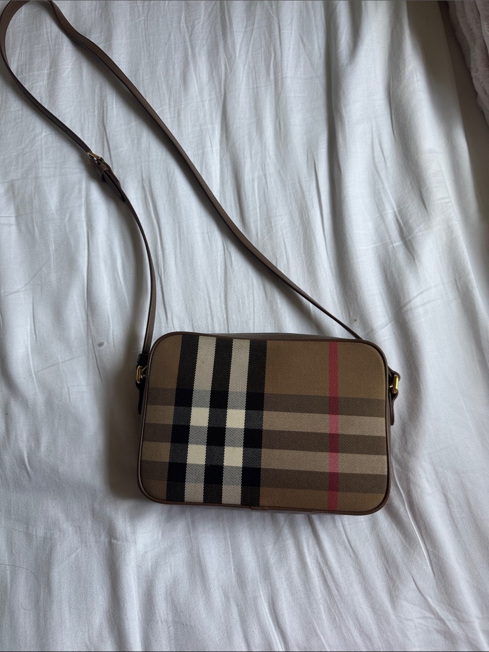 Burberry Brown Check Canvas Crossbody with Red Stripe